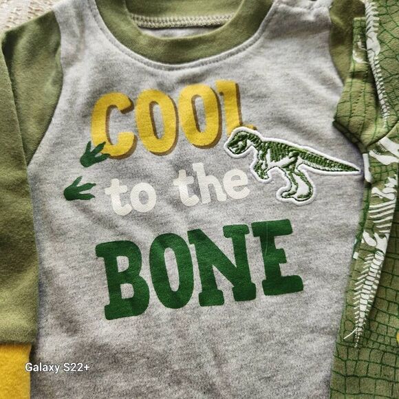 NWT 2 Carters dinosaur baby boy one piece outfits, denim hat, and fluffy booties - Picture 3 of 9